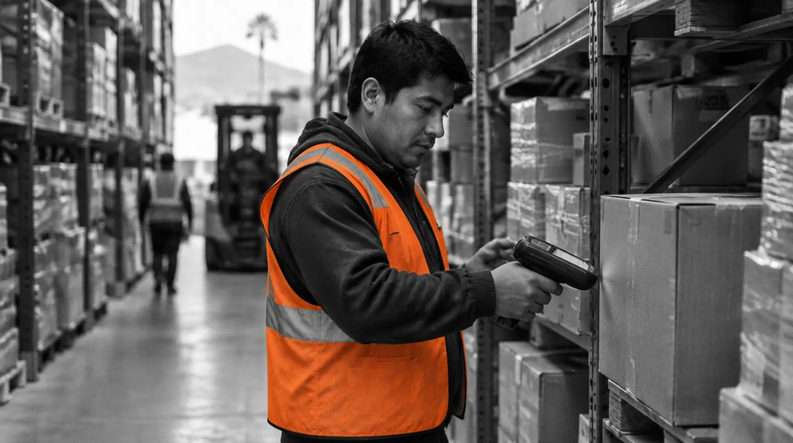 Almacenista escaneando una caja en el almacén