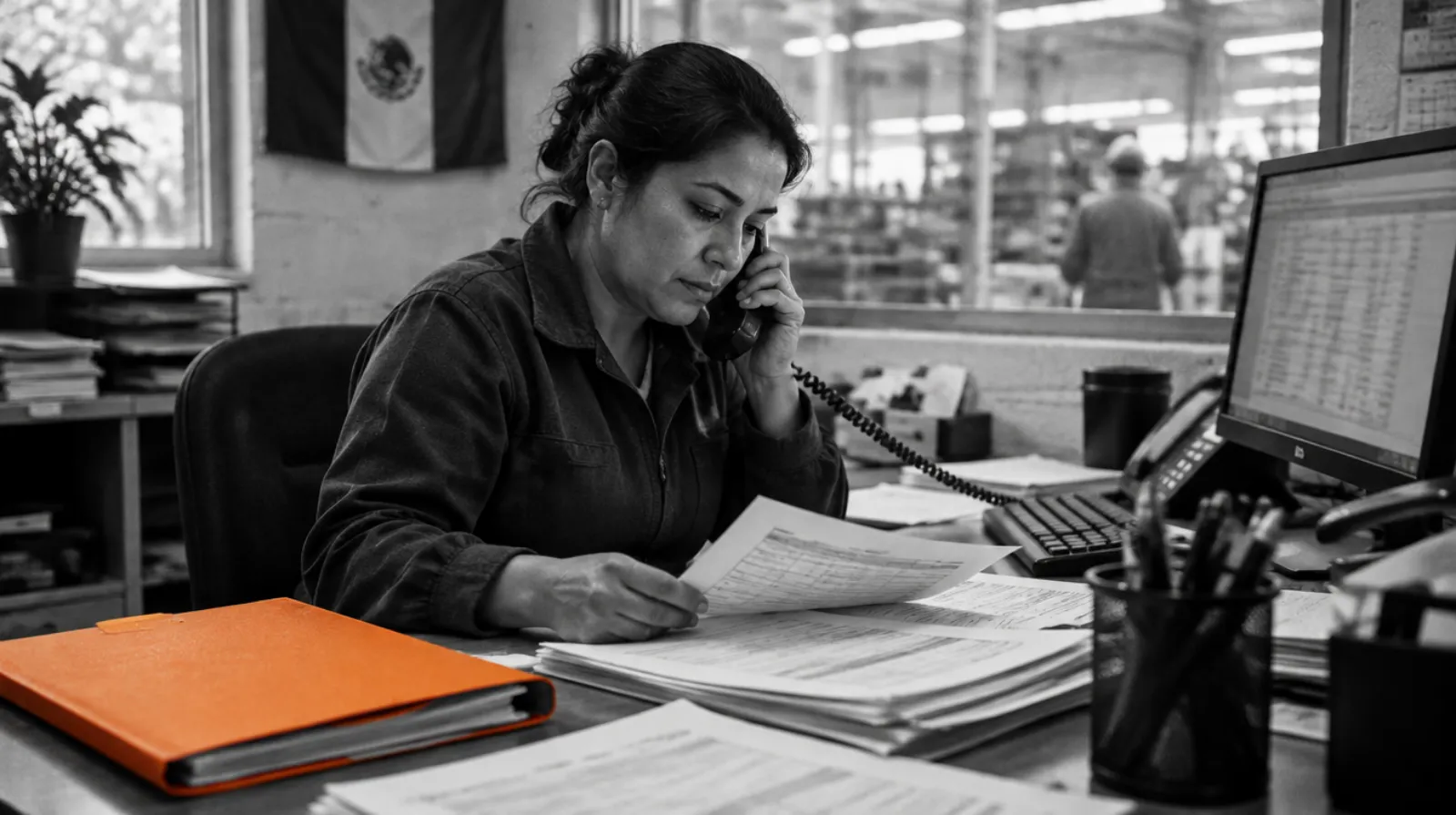 Responsable de compras al teléfono con órdenes impresas