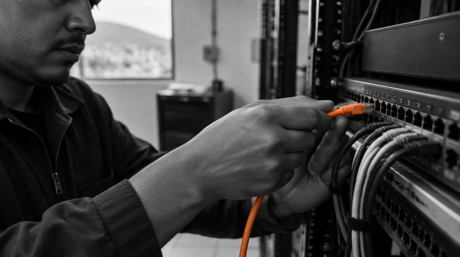 Manos conectando un cable a un switch de red
