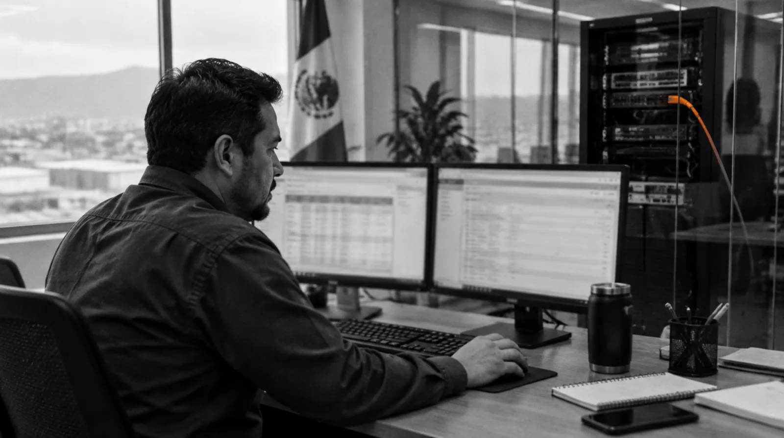 Gerente de sistemas revisando información en dos monitores