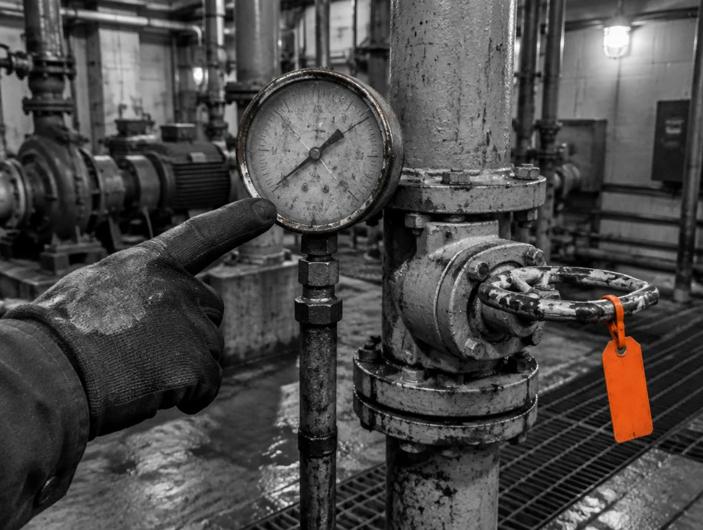 Foto que manda un técnico: un manómetro dañado instalado en la línea de una bomba