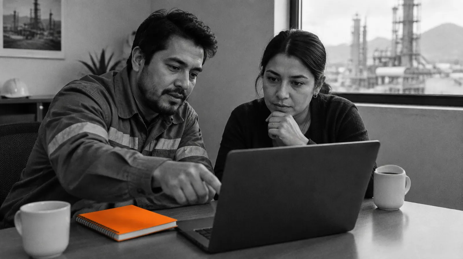 Dos personas revisando resultados en una laptop en sala de juntas