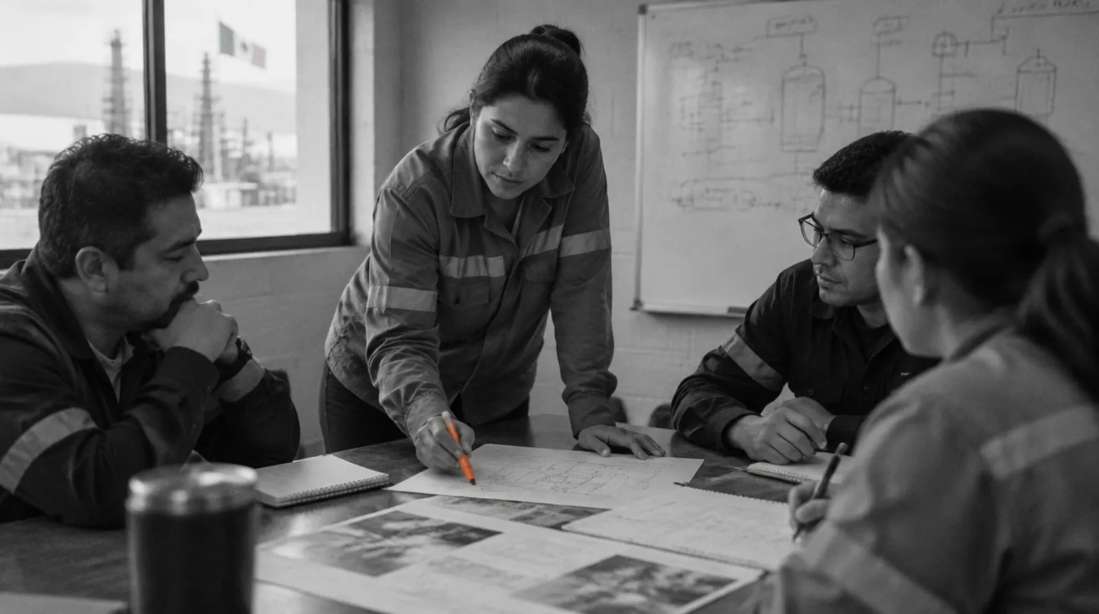 Equipo de cuatro personas trabajando en una mesa con pizarrón
