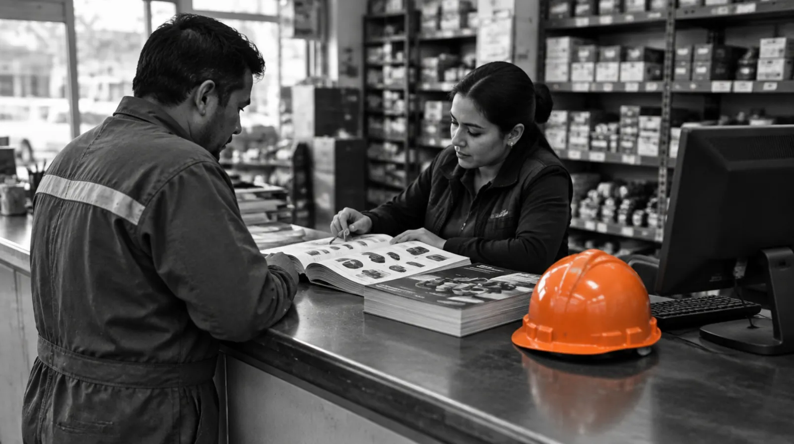 Mostrador de distribuidor industrial atendiendo a un cliente