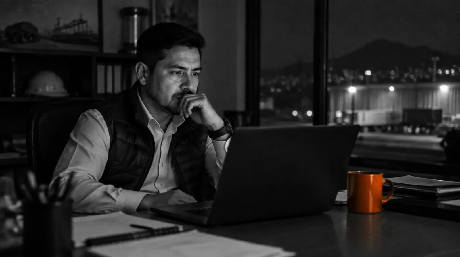 Gerente revisando un reporte de noche