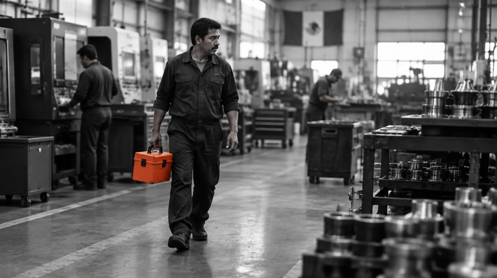 Técnico en piso de planta con su caja de herramientas
