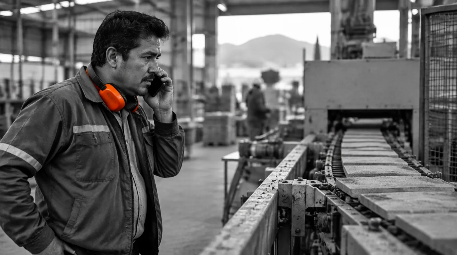 Supervisor de planta hablando por teléfono